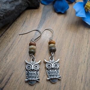 Silver Owl Earrings with Multicolor Beads